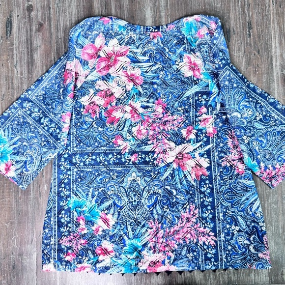 Christopher & Banks Pink and Blue Flower Boho Blouse with Mandarin Collar - Picture 12 of 15